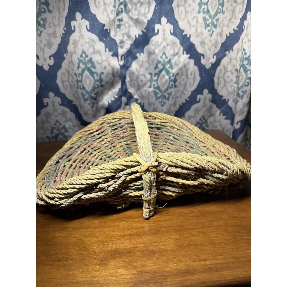 Vintage Rope Gathering Basket‎ Large Distressed Branch Handle Pastel Colors